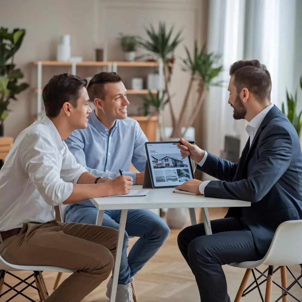 Happy family receiving expert guidance for home purchase financing.